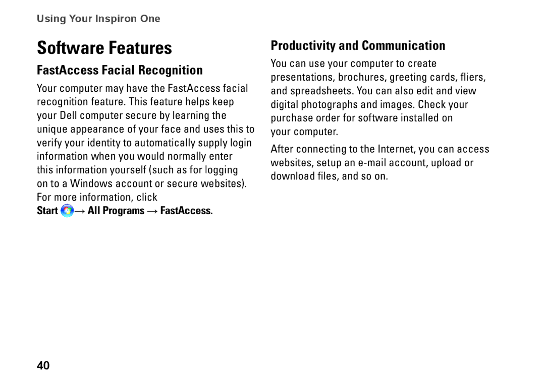 Dell W01C002, W01C001 setup guide Software Features, FastAccess Facial Recognition, Productivity and Communication 