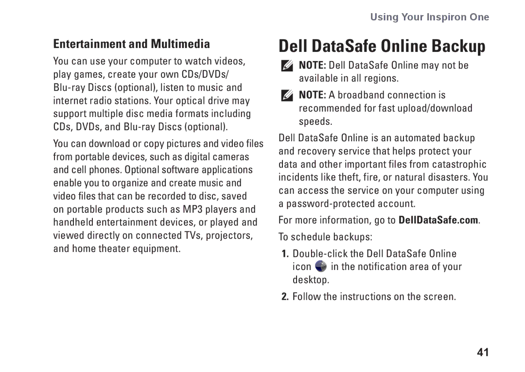 Dell W01C001, W01C002 setup guide Dell DataSafe Online Backup, Entertainment and Multimedia 