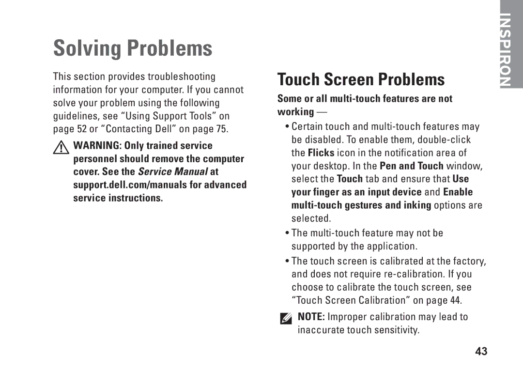 Dell W01C001, W01C002 setup guide Solving Problems, Touch Screen Problems, Some or all multi-touch features are not working 