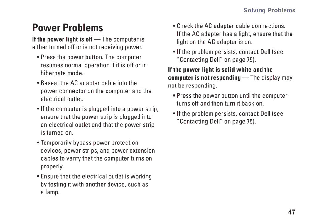 Dell W01C001, W01C002 setup guide Power Problems 