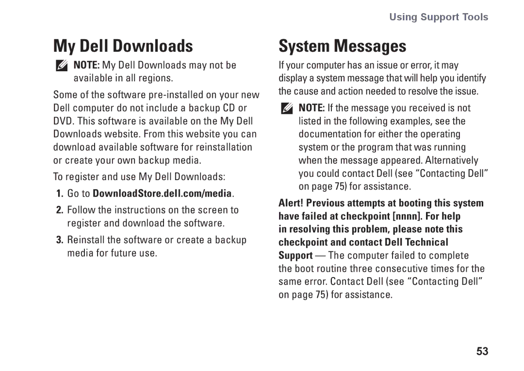 Dell W01C001, W01C002 setup guide My Dell Downloads, System Messages 