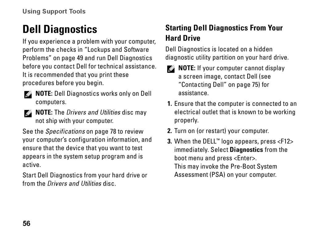 Dell W01C002, W01C001 setup guide Starting Dell Diagnostics From Your Hard Drive 