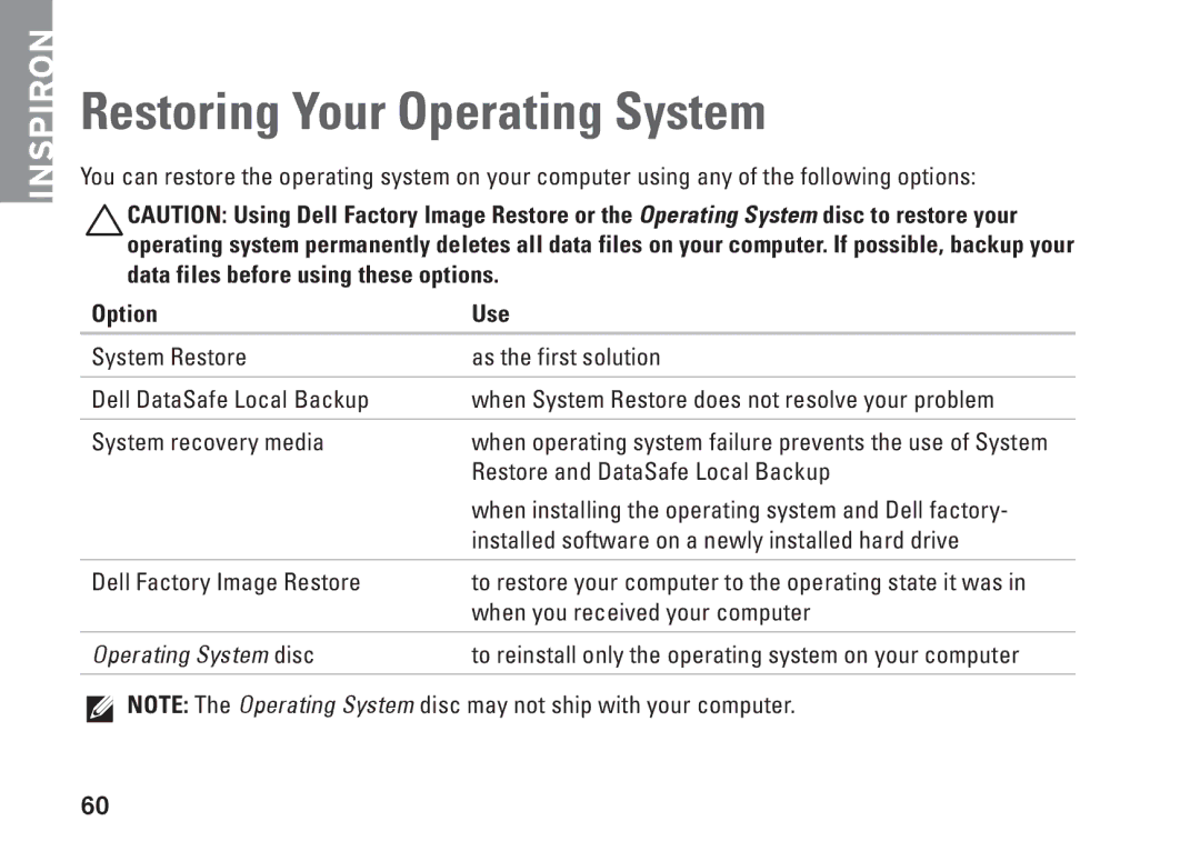 Dell W01C002, W01C001 setup guide Restoring Your Operating System, Option Use 