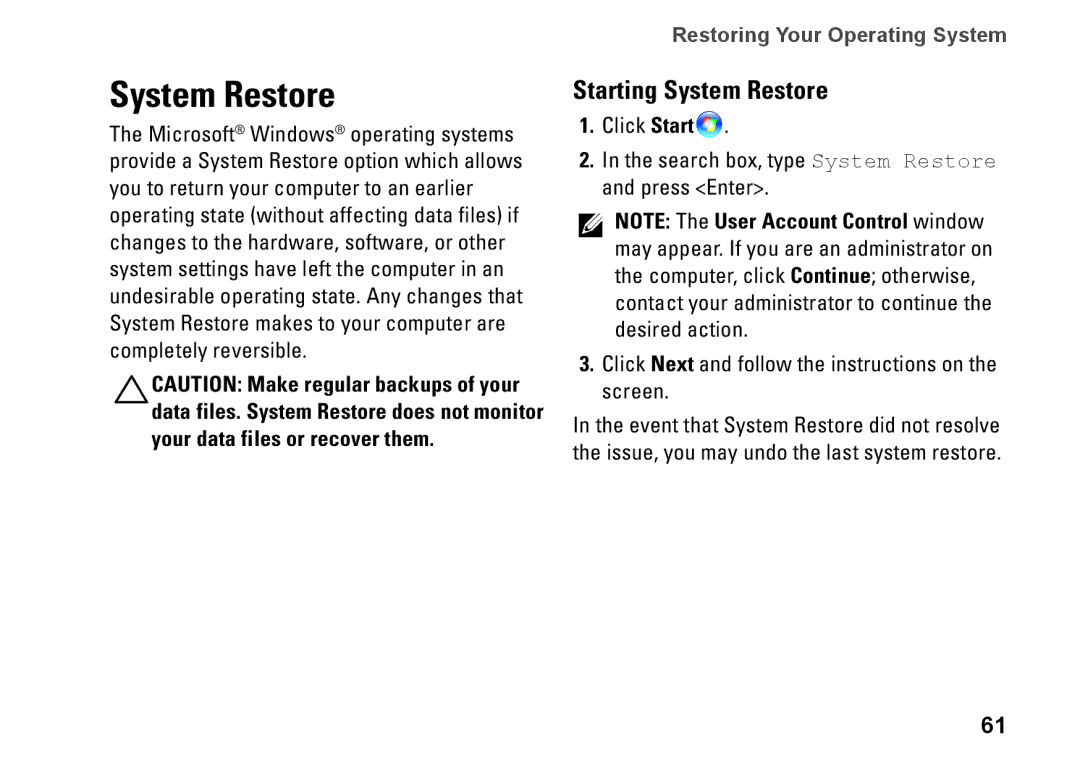 Dell W01C001, W01C002 setup guide Starting System Restore 