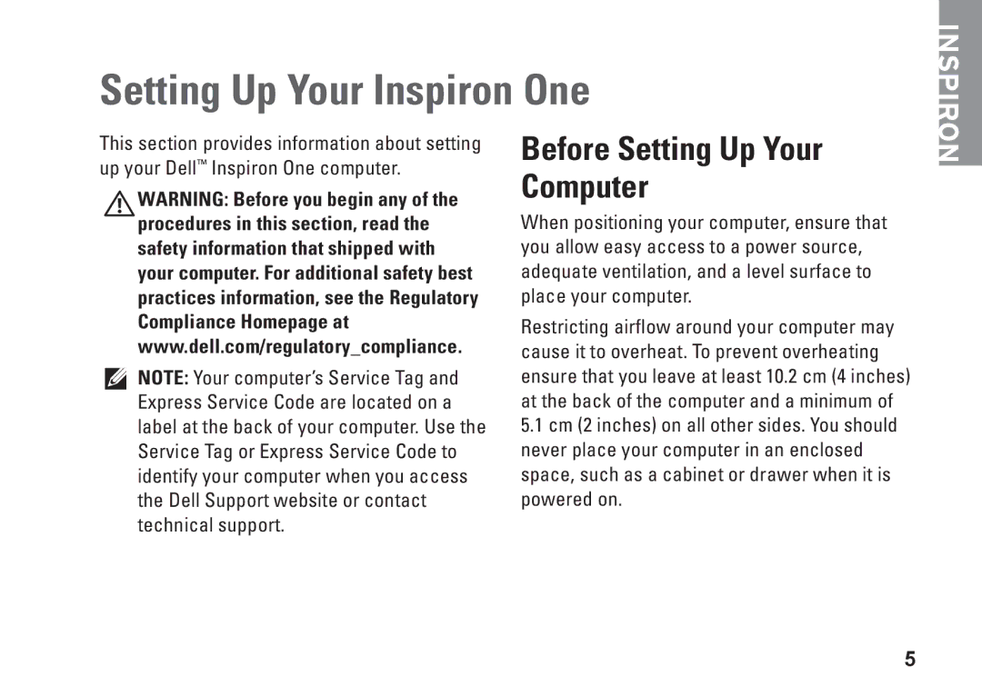 Dell W01C001, W01C002 setup guide Setting Up Your Inspiron One, Before Setting Up Your Computer 