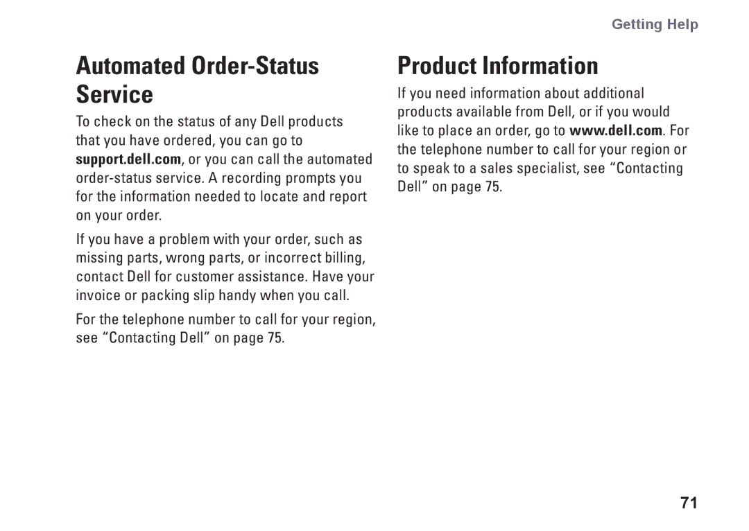 Dell W01C001, W01C002 setup guide Automated Order-Status Service, Product Information 