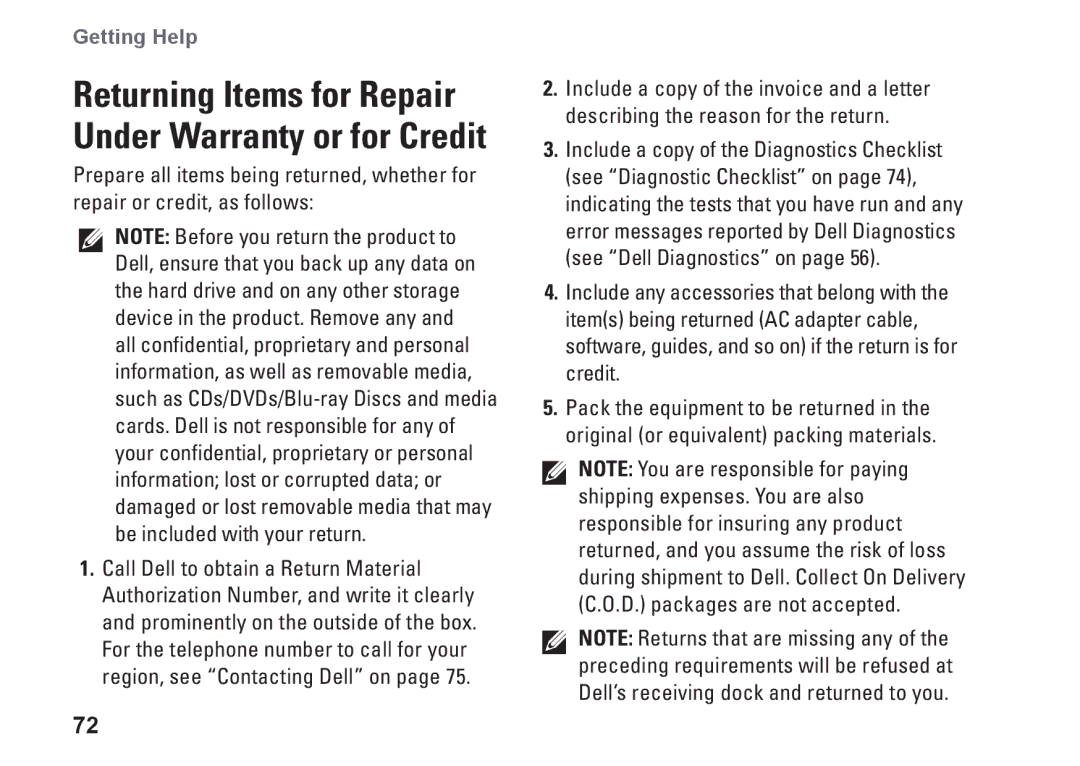 Dell W01C002, W01C001 setup guide Returning Items for Repair Under Warranty or for Credit 