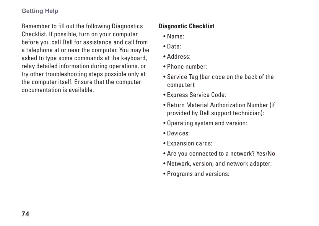 Dell W01C002, W01C001 setup guide Diagnostic Checklist 