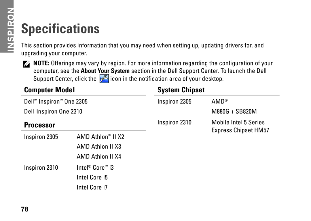 Dell W01C002, W01C001 setup guide Specifications, Computer Model, Processor, System Chipset 