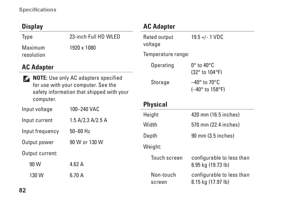 Dell W01C002, W01C001 setup guide Display, AC Adapter, Physical 