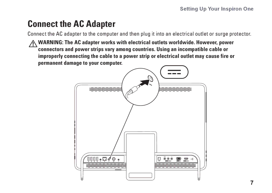 Dell W01C001, W01C002 setup guide Connect the AC Adapter 