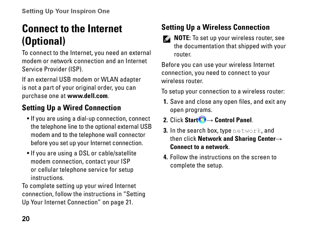Dell W01C002, W01C001 Connect to the Internet Optional, Setting Up a Wired Connection, Setting Up a Wireless Connection 