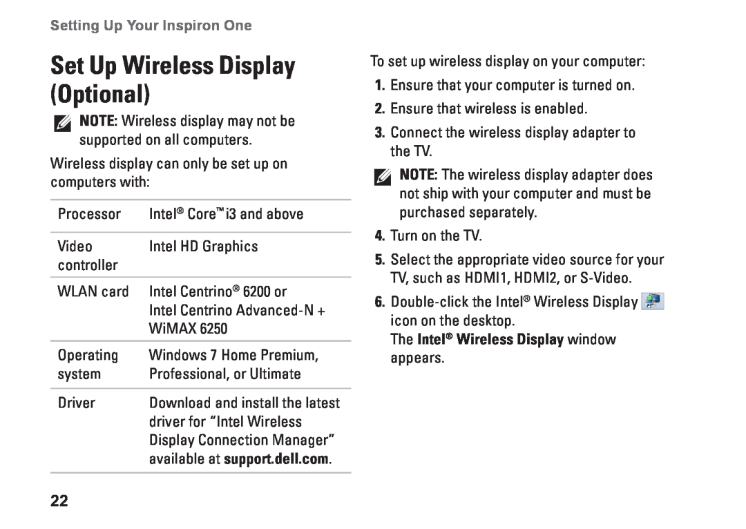 Dell W01C002 Set Up Wireless Display Optional, The Intel Wireless Display window appears, Setting Up Your Inspiron One 