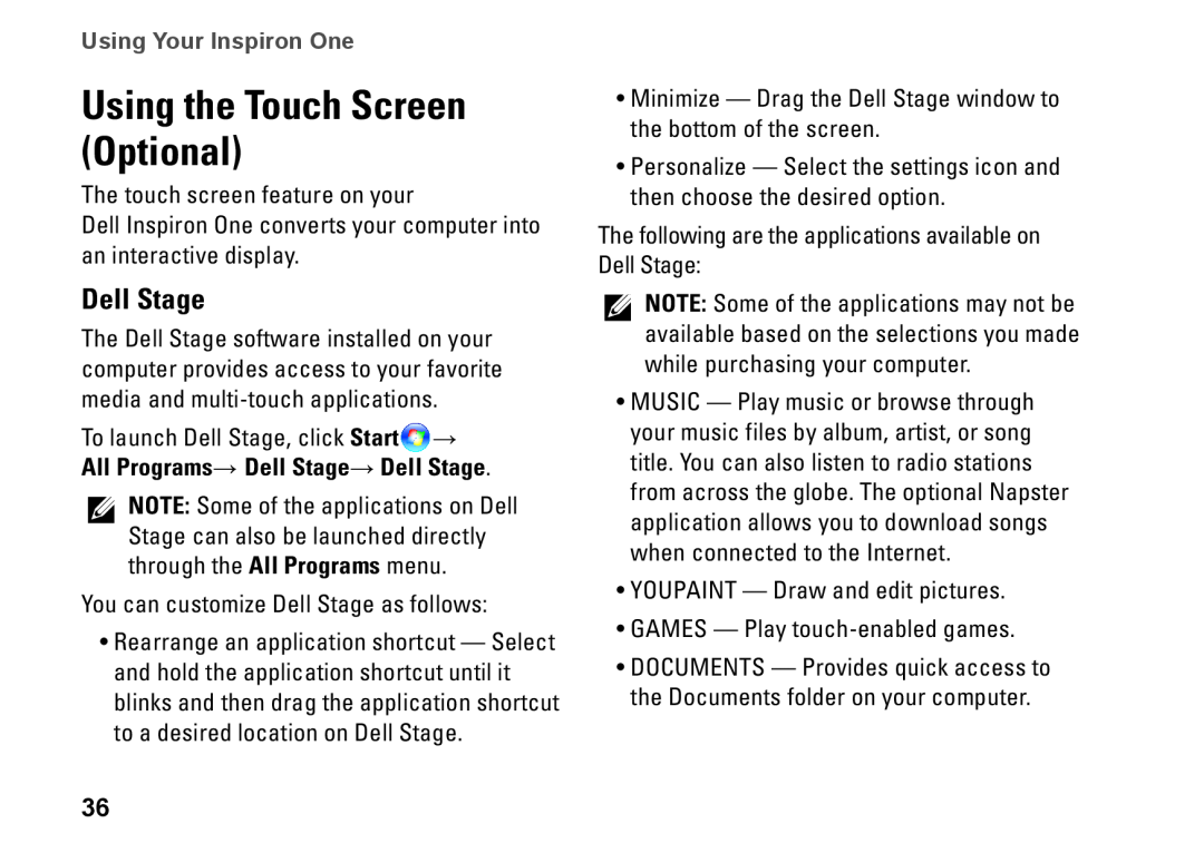 Dell W01C002, W01C001 setup guide Using the Touch Screen Optional, Dell Stage, Using Your Inspiron One 