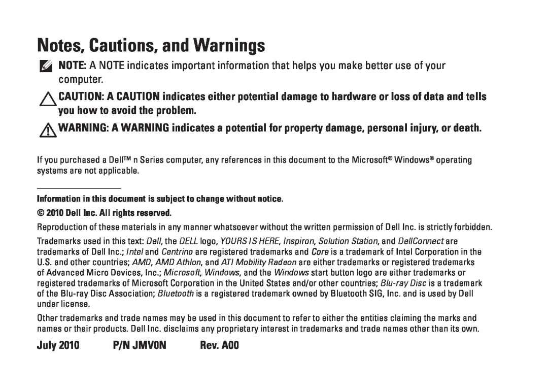 Dell W01C002, W01C001 setup guide Notes, Cautions, and Warnings, July 2010 P/N JMV0N Rev. A00 