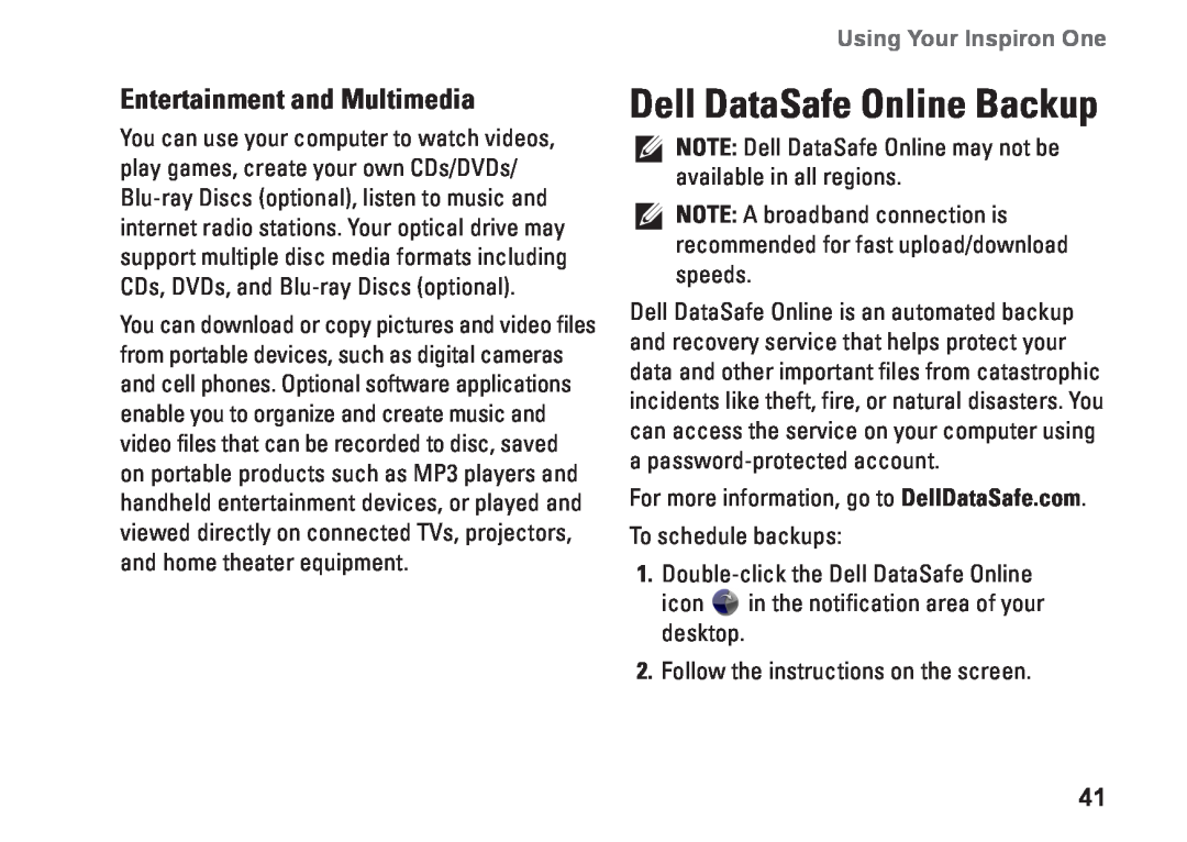 Dell W01C001, W01C002 setup guide Dell DataSafe Online Backup, Entertainment and Multimedia, Using Your Inspiron One 