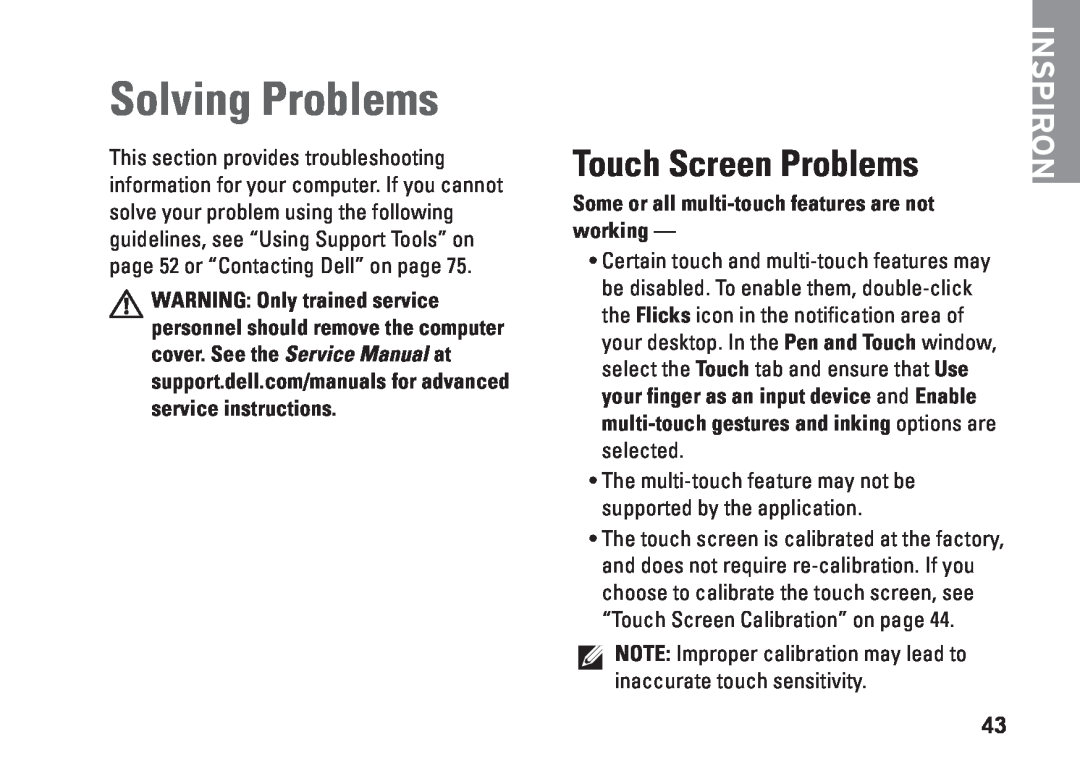 Dell W01C001, W01C002 Solving Problems, Touch Screen Problems, Some or all multi-touch features are not working, Inspiron 