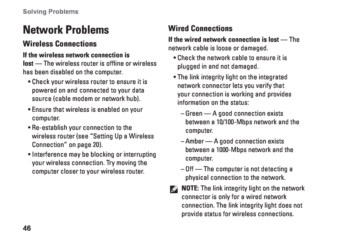 Dell W01C002, W01C001 Network Problems, Wireless Connections, Wired Connections, If the wireless network connection is 