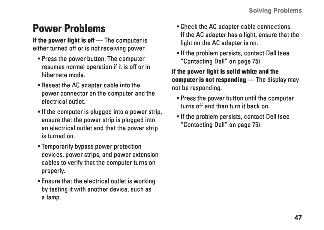 Dell W01C001, W01C002 setup guide Power Problems, Solving Problems 