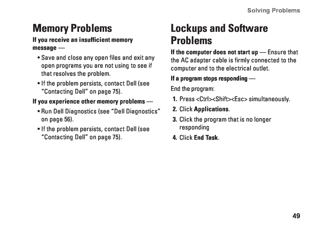 Dell W01C001 Memory Problems, Lockups and Software Problems, If you receive an insufficient memory message, Click End Task 