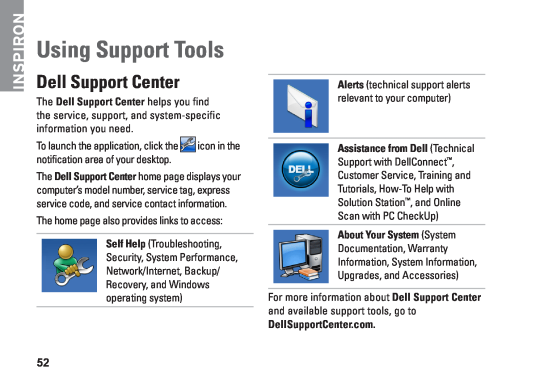 Dell W01C002 Using Support Tools, Dell Support Center, Assistance from Dell Technical, About Your System System, Inspiron 