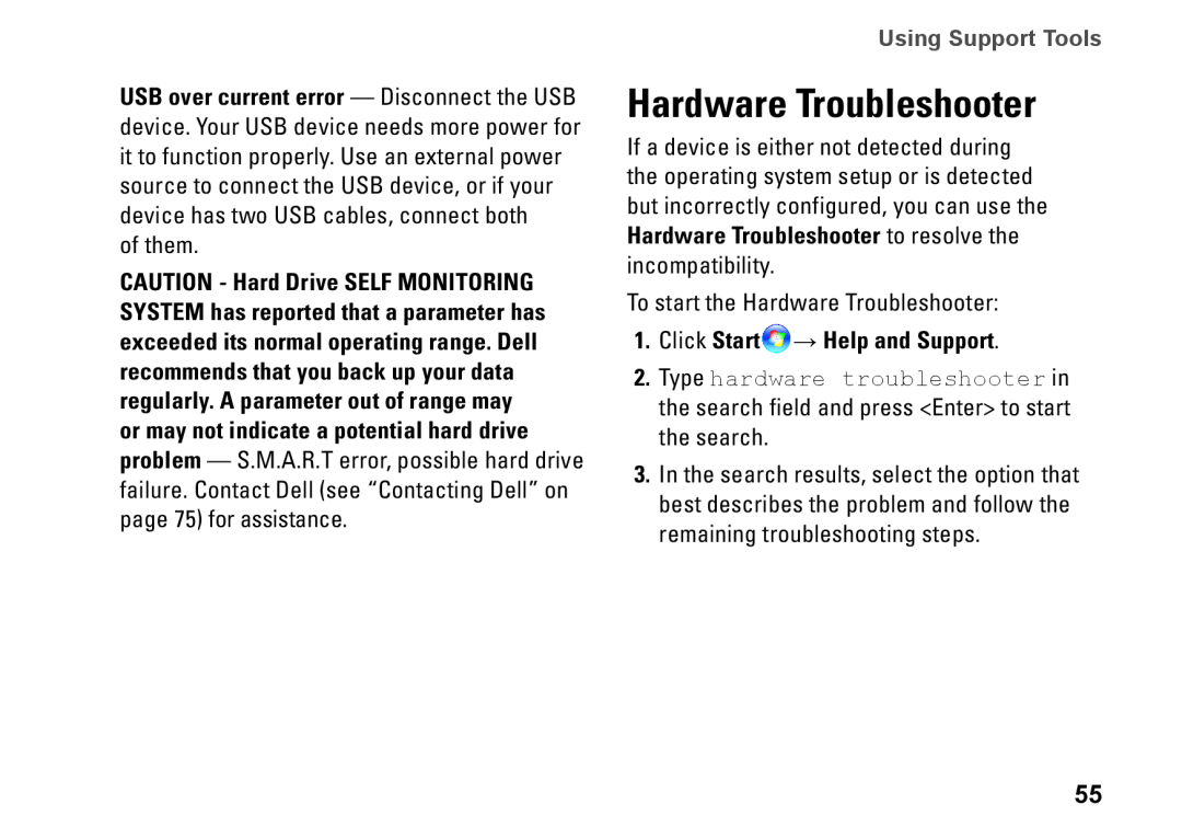 Dell W01C001, W01C002 setup guide Hardware Troubleshooter, Click Start → Help and Support, Using Support Tools 