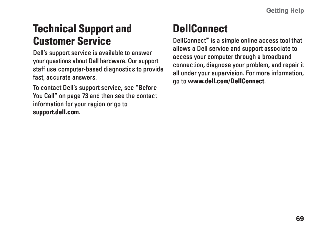 Dell W01C001, W01C002 setup guide Technical Support and Customer Service, DellConnect, Getting Help 