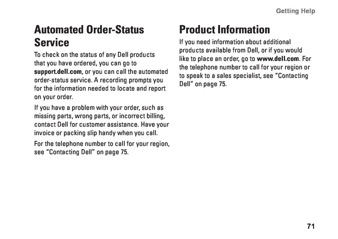 Dell W01C001, W01C002 setup guide Automated Order-Status Service, Product Information, Getting Help 
