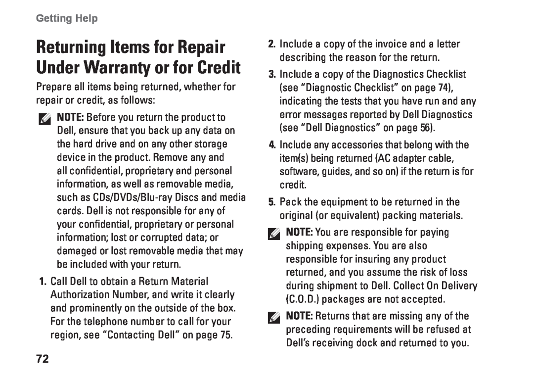 Dell W01C002, W01C001 setup guide Returning Items for Repair Under Warranty or for Credit, Getting Help 