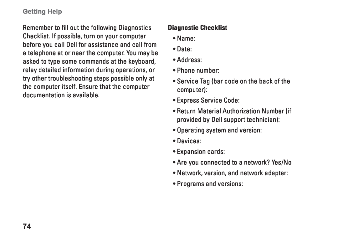 Dell W01C002, W01C001 setup guide Diagnostic Checklist, Getting Help 