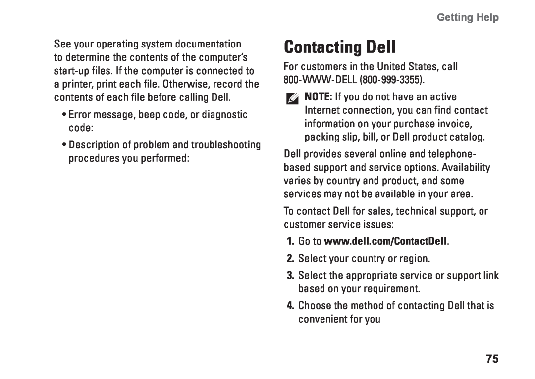 Dell W01C001, W01C002 setup guide Contacting Dell, Getting Help 