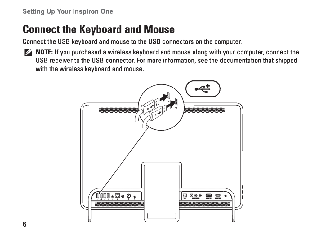 Dell W01C002, W01C001 setup guide Connect the Keyboard and Mouse, Setting Up Your Inspiron One 