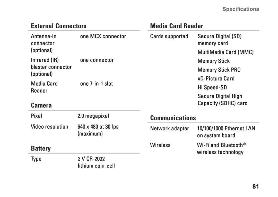Dell W01C001, W01C002 setup guide Camera, Battery, Media Card Reader, Communications, External Connectors 