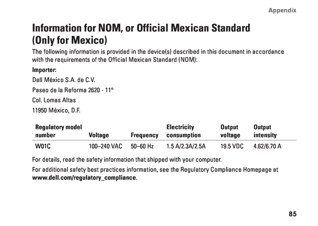 Dell W01C001 Information for NOM, or Official Mexican Standard Only for Mexico, Appendix, Importer, Electricity, Output 