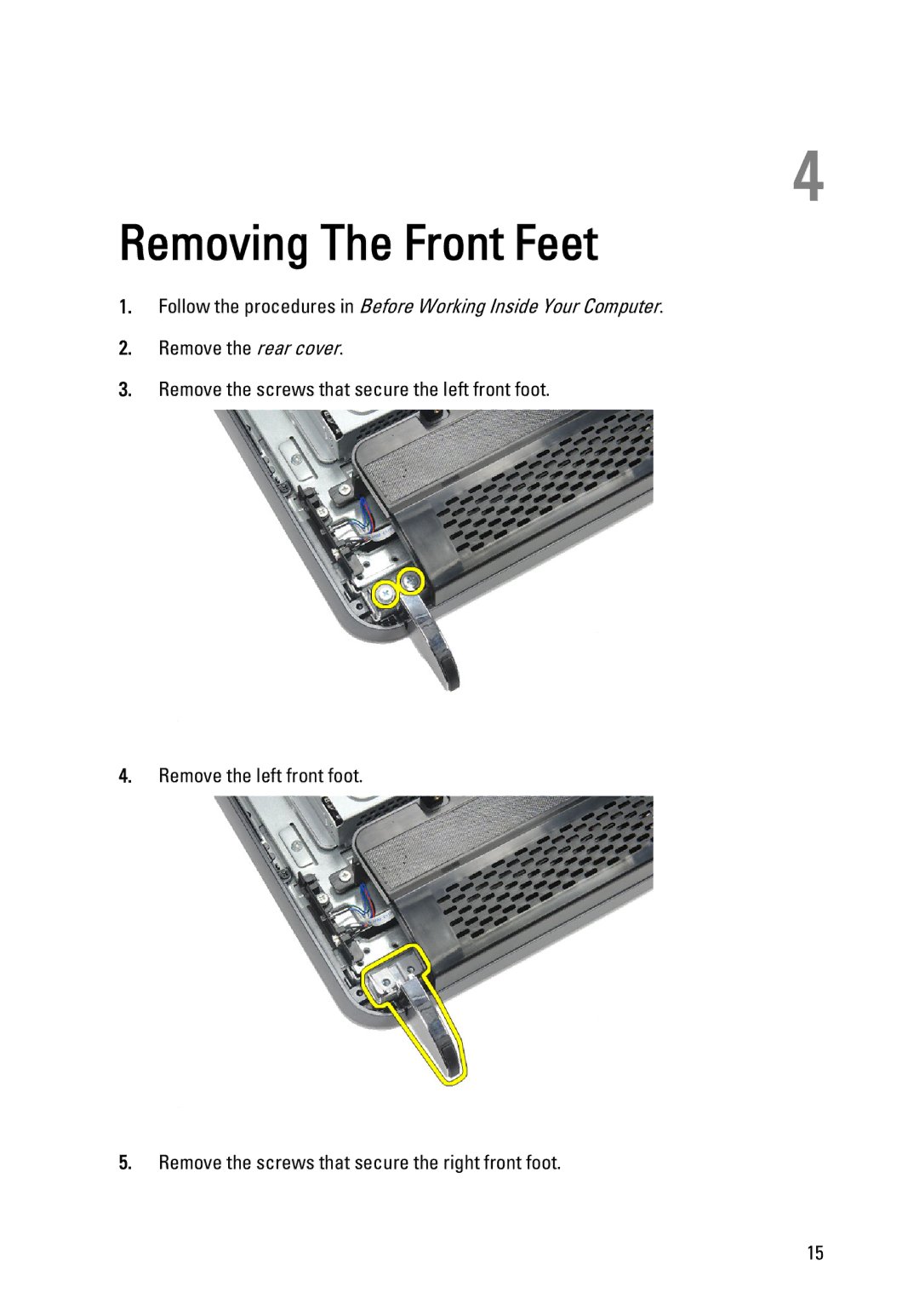 Dell W03C owner manual Removing The Front Feet 