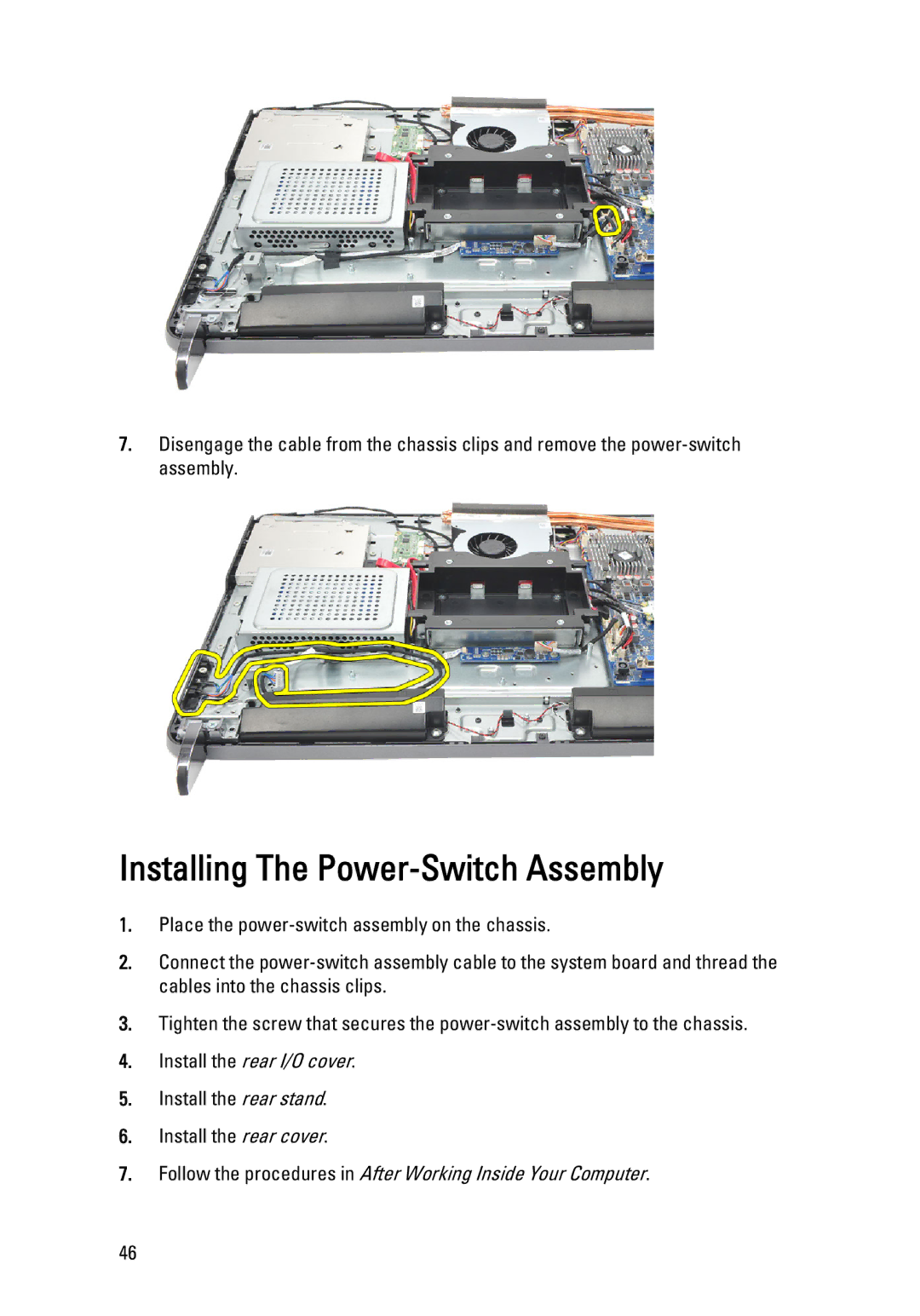 Dell W03C owner manual Installing The Power-Switch Assembly 