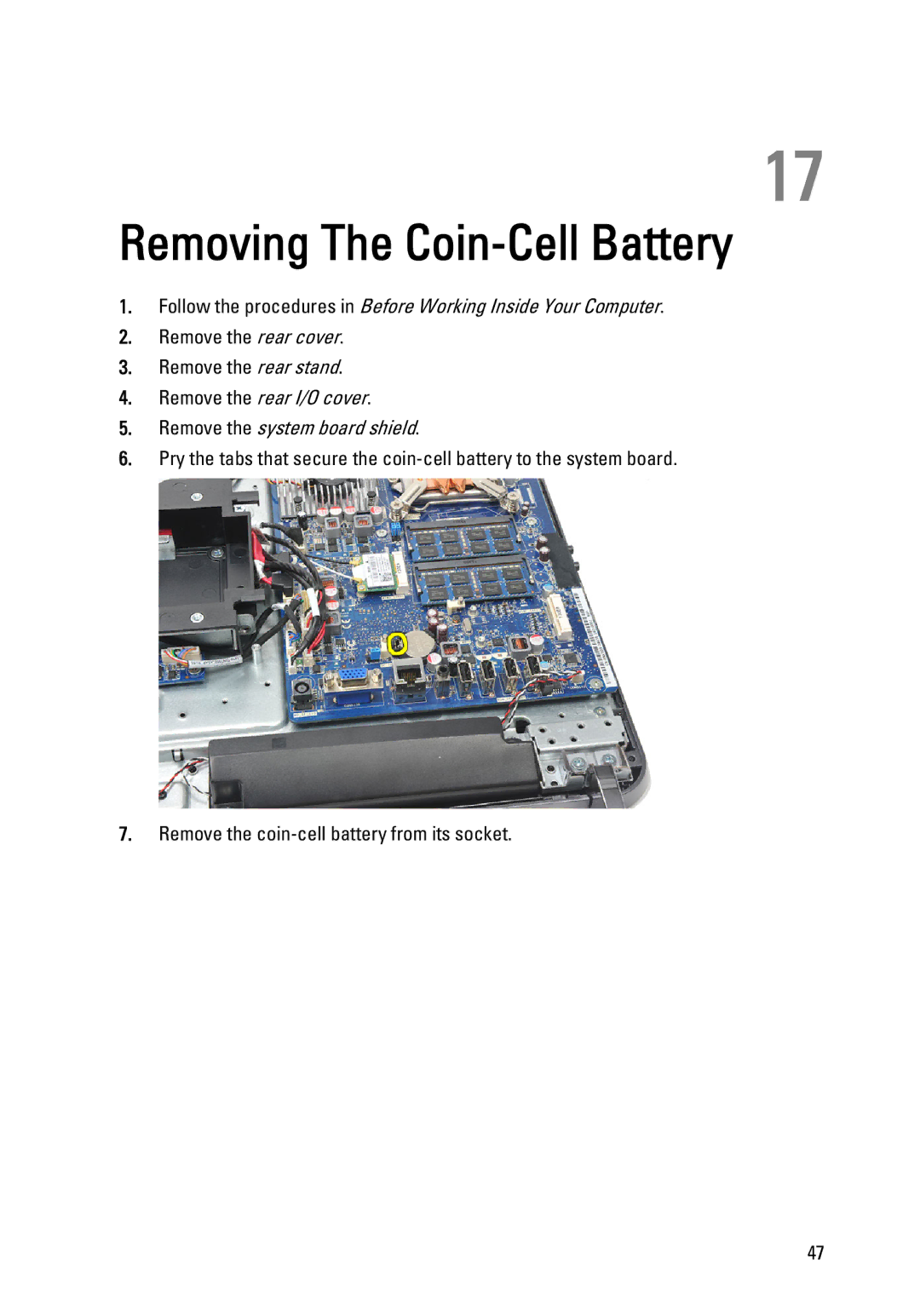 Dell W03C owner manual Removing The Coin-Cell Battery 