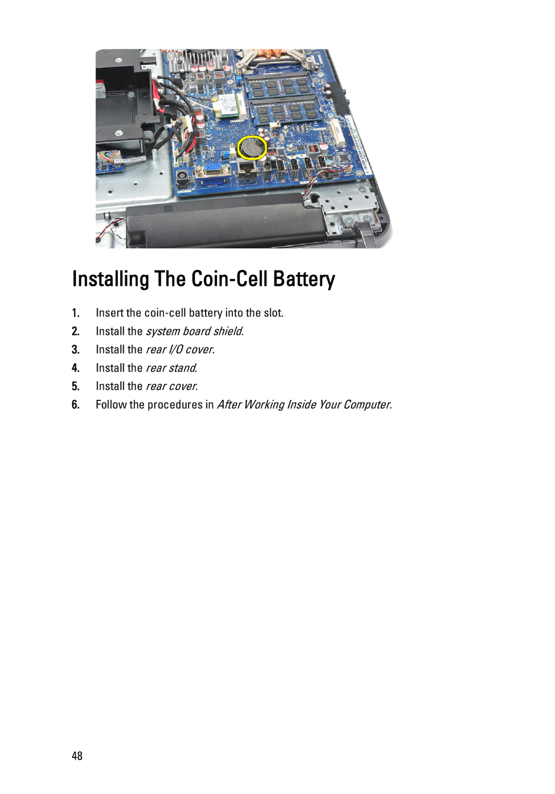 Dell W03C owner manual Installing The Coin-Cell Battery 