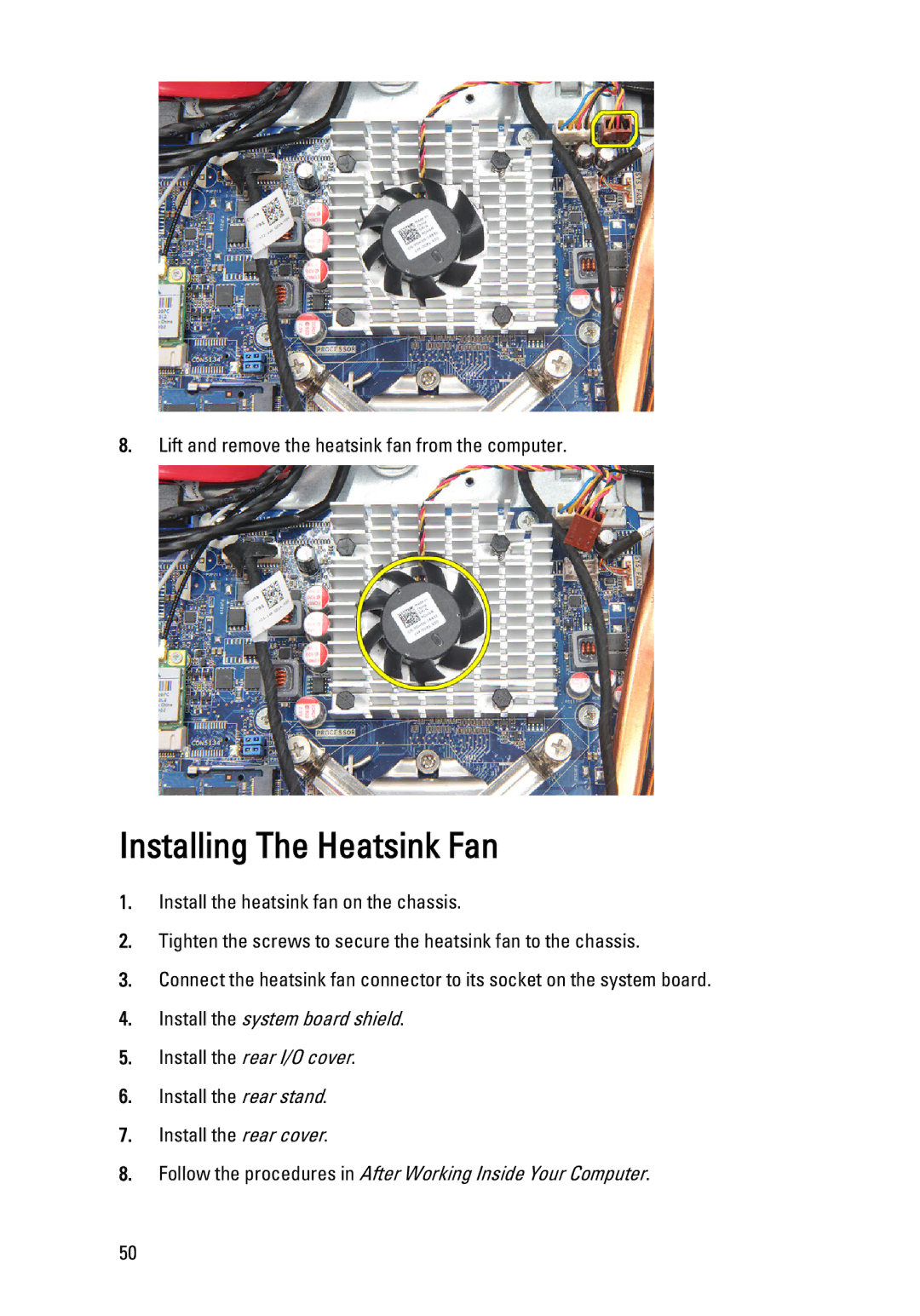 Dell W03C owner manual Installing The Heatsink Fan 