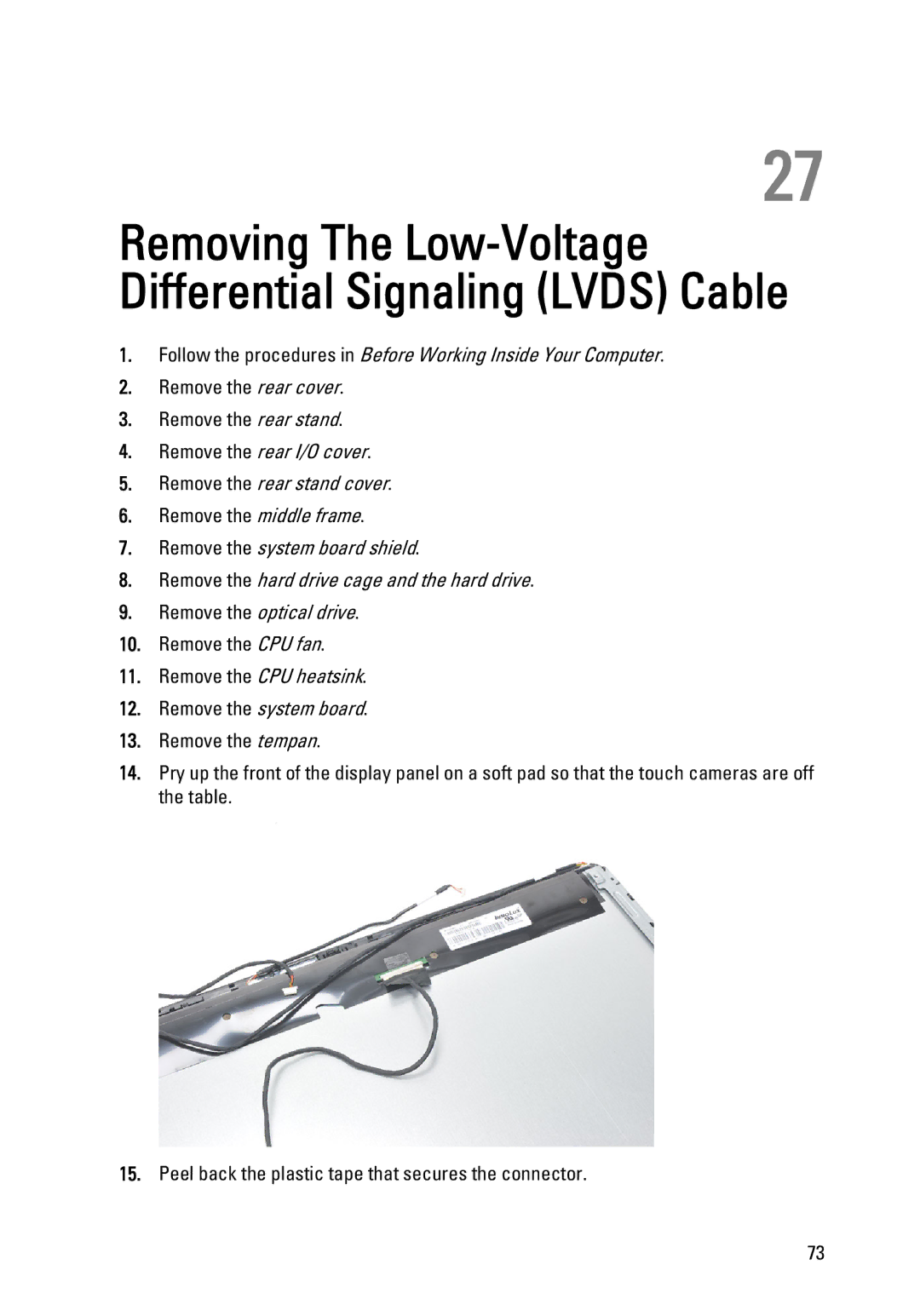 Dell W03C owner manual Removing The Low-Voltage Differential Signaling Lvds Cable 