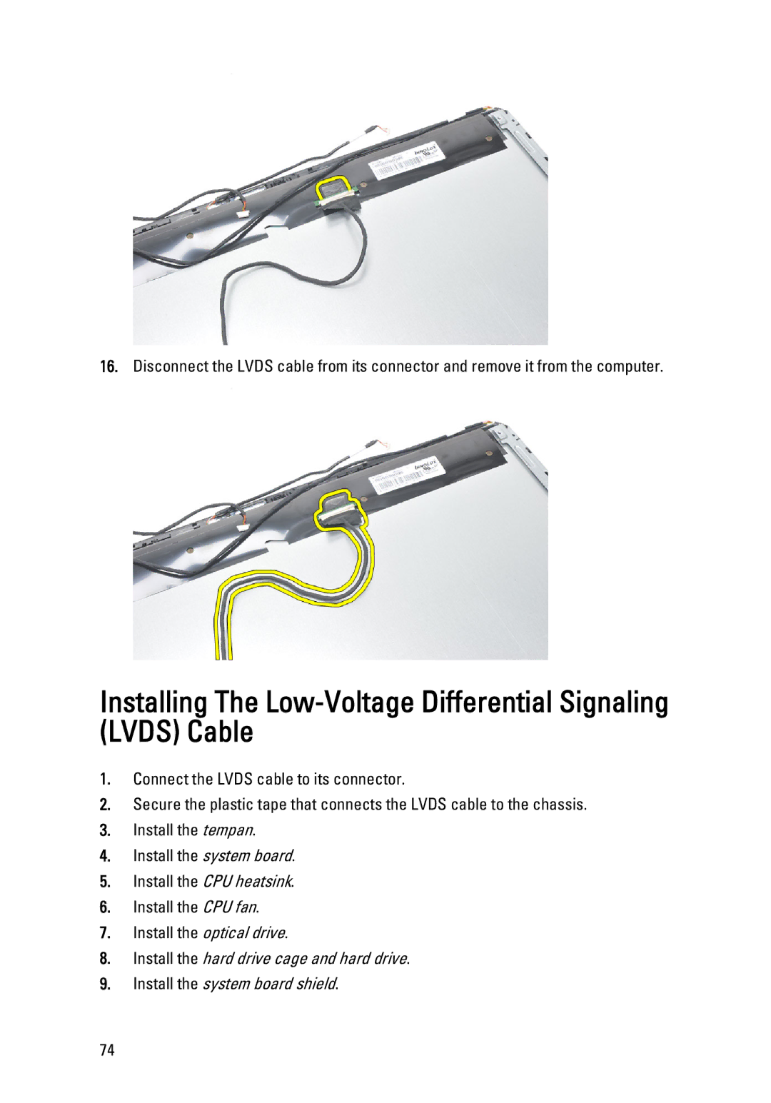 Dell W03C owner manual Installing The Low-Voltage Differential Signaling Lvds Cable 