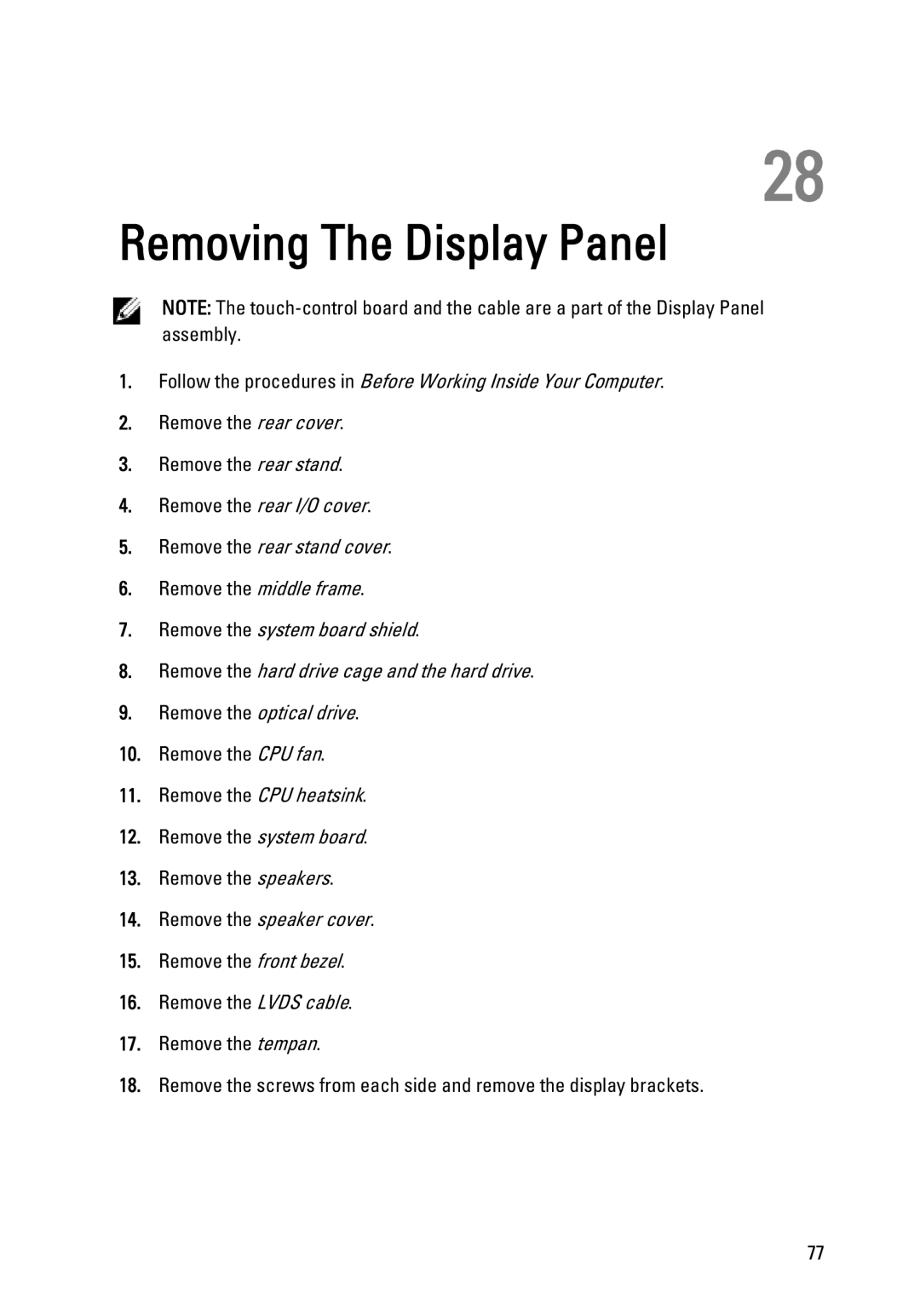 Dell W03C owner manual Removing The Display Panel 