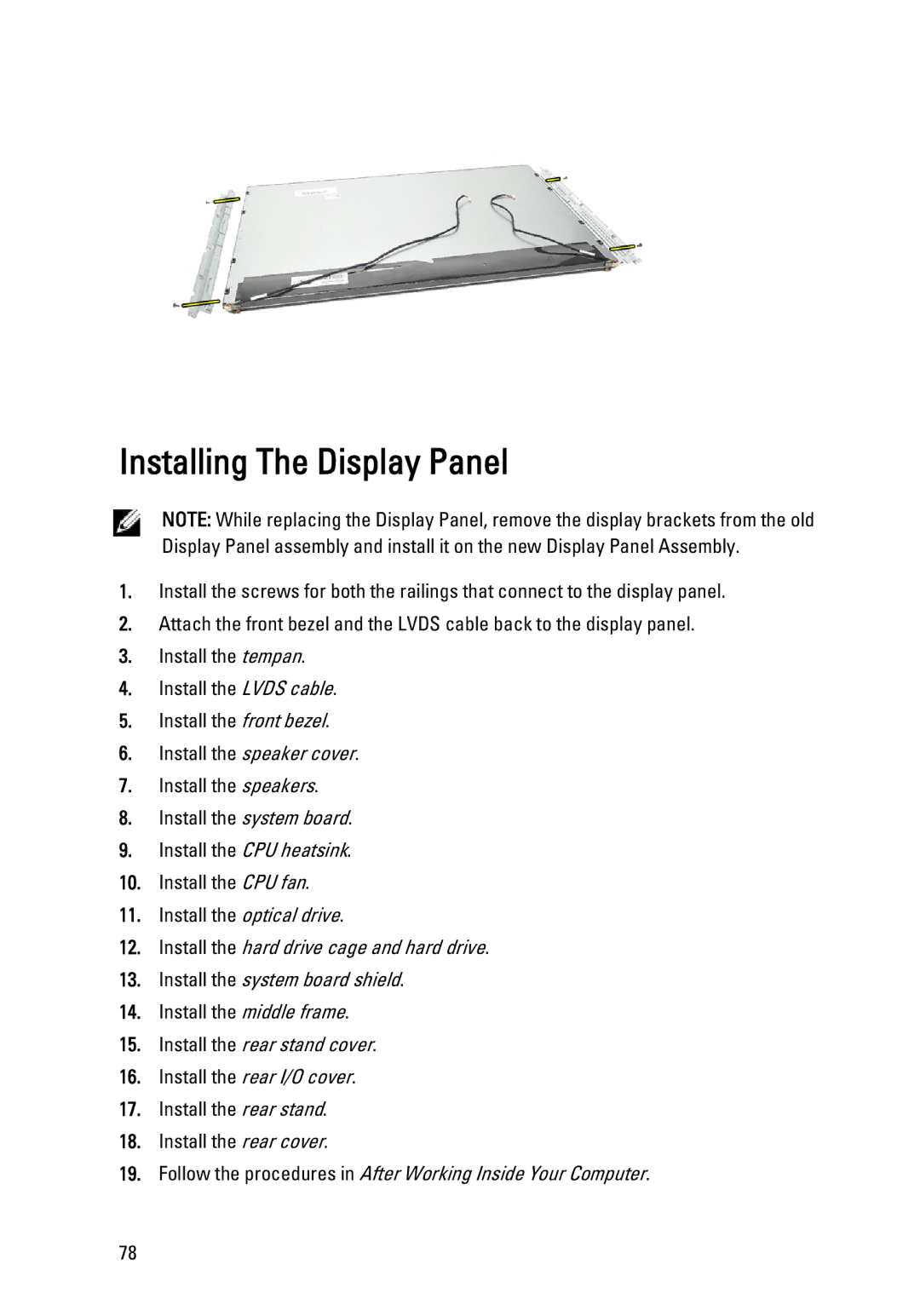 Dell W03C owner manual Installing The Display Panel 