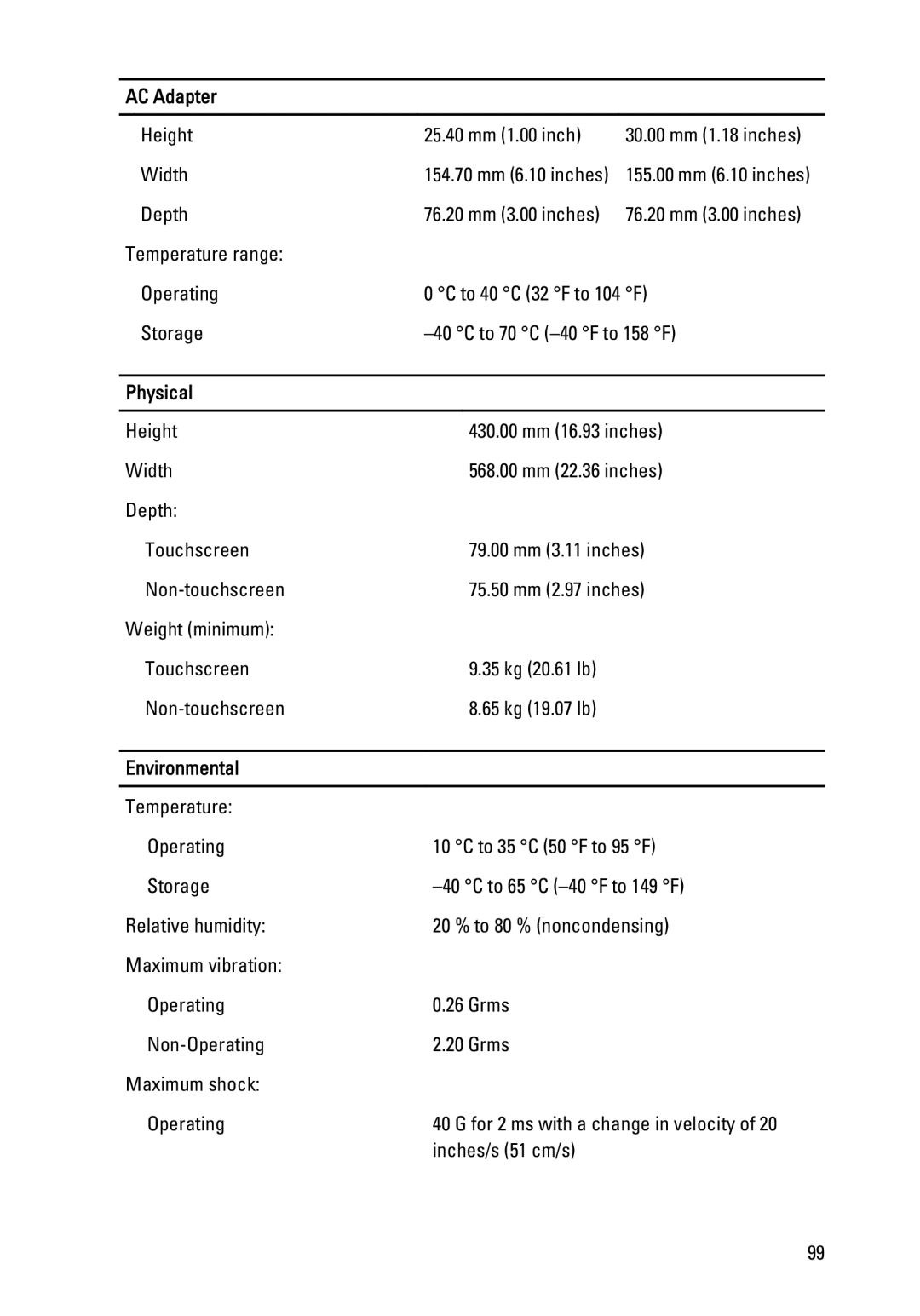 Dell W03C owner manual Physical, Environmental 