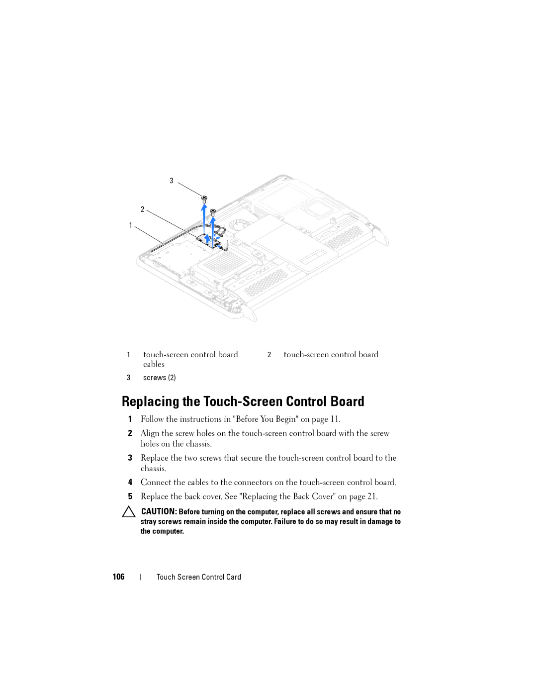 Dell W03C owner manual Replacing the Touch-Screen Control Board, 106 