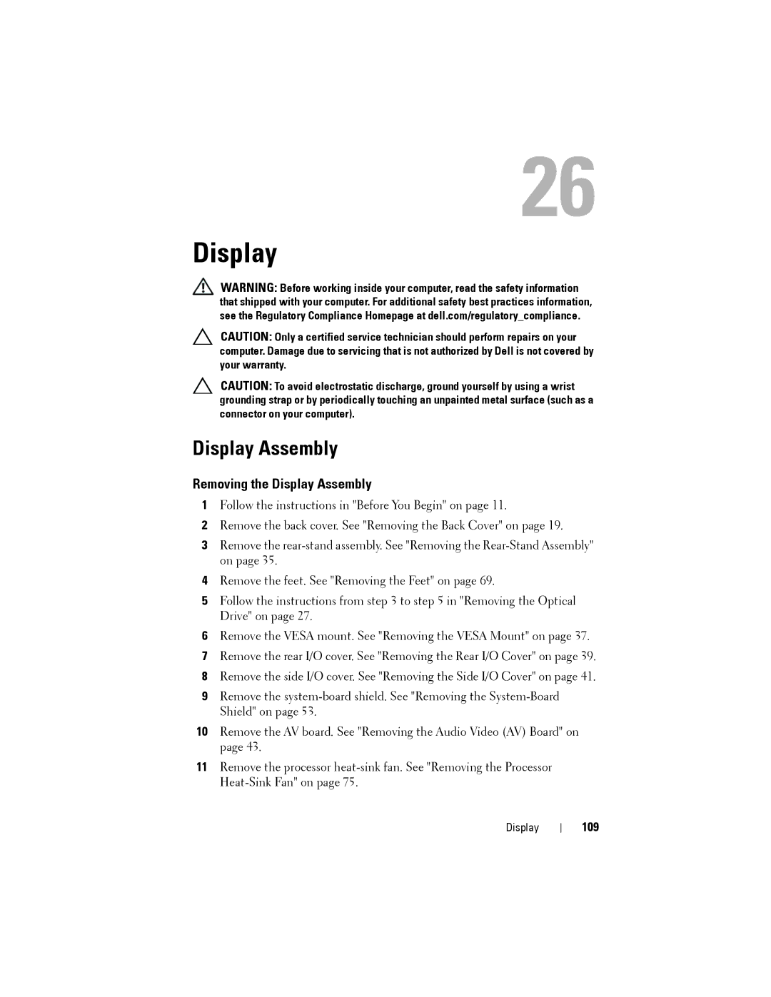 Dell W03C owner manual Removing the Display Assembly, 109 