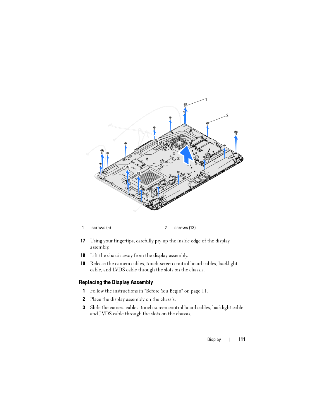 Dell W03C owner manual Replacing the Display Assembly, 111 