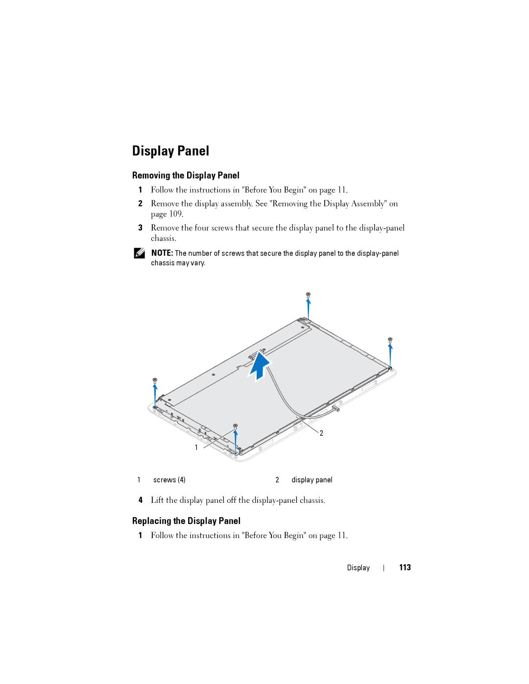 Dell W03C owner manual Removing the Display Panel, Replacing the Display Panel, 113 