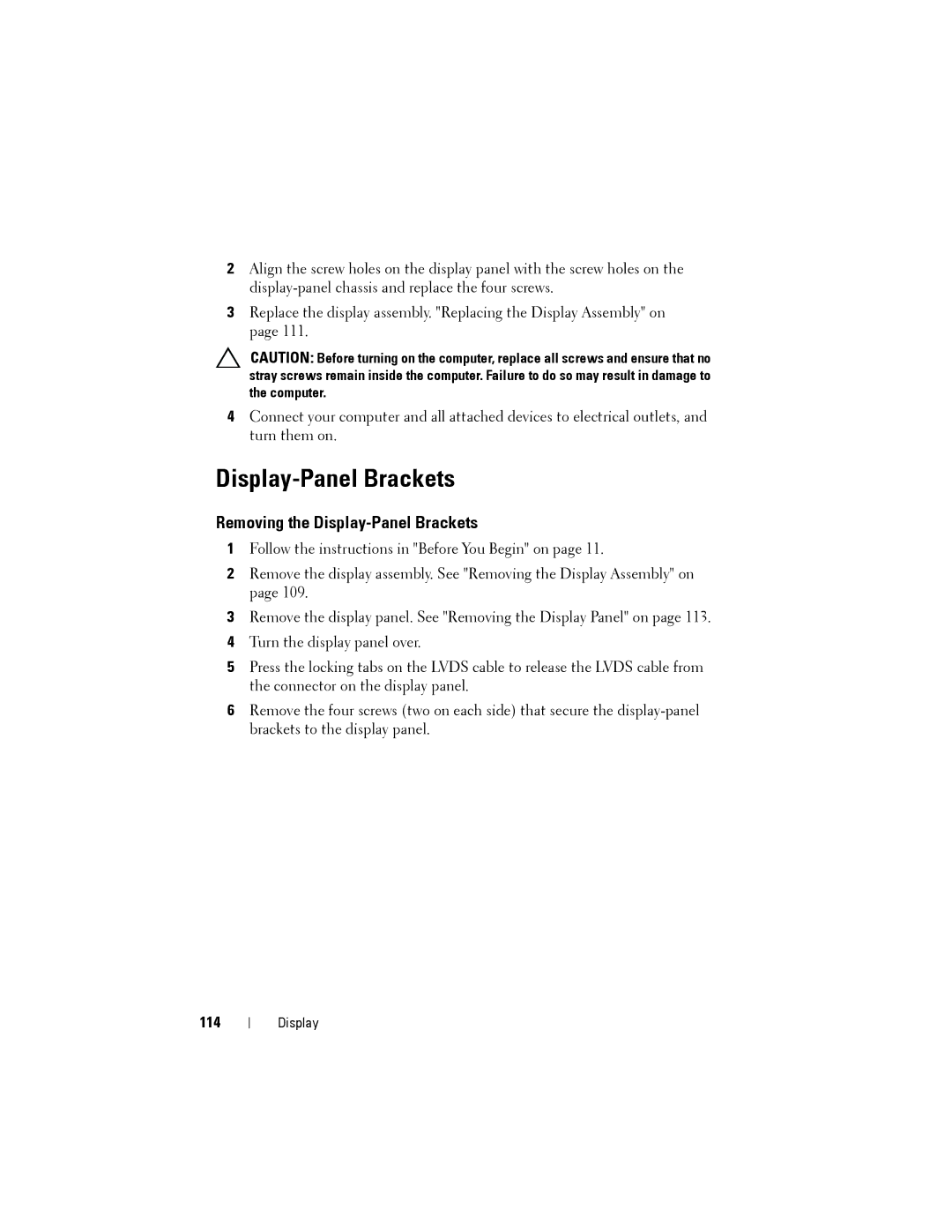 Dell W03C owner manual Removing the Display-Panel Brackets, 114 