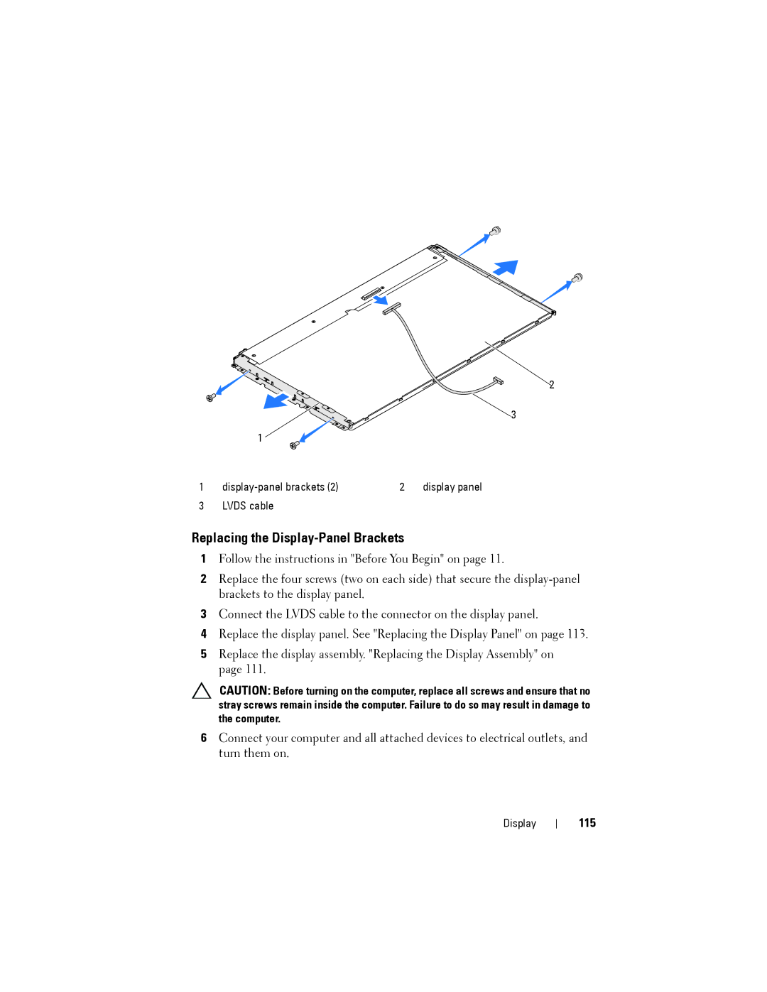 Dell W03C owner manual Replacing the Display-Panel Brackets, 115 